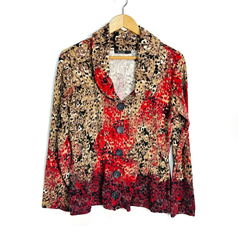 Nic Zoe Women Sweater Cardigan Size Large Red Brown Cotton Blend Long Sleeve